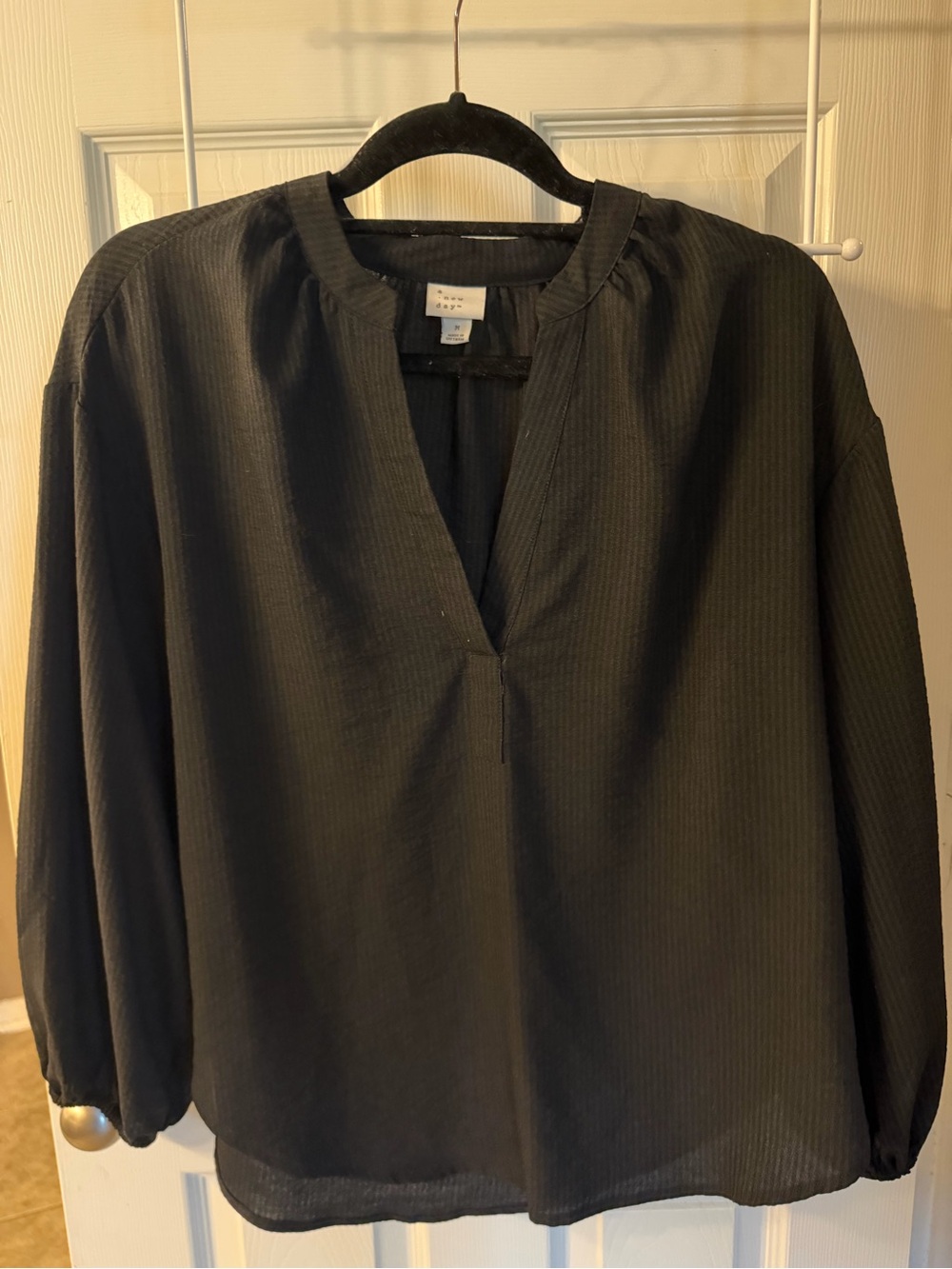 A New Day Women's Black Split-Neck Blouse - Minimalist Long Sleeve Top
